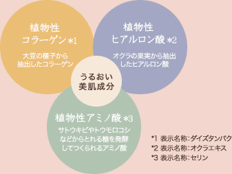 【うるおい美肌成分】
「植物性コラーゲン*1」
大豆の種子から抽出したコラーゲン
「植物性ヒアルロン酸*2」
オクラの果実から抽出したヒアルロン酸
「植物性アミノ酸*3」
サトウキビやトウモロコシなどからとれる糖を発酵してつくられるアミノ酸
*1  表示名称：ダイズタンパク
*2  表示名称：オクラエキス        
*3  表示名称：セリン