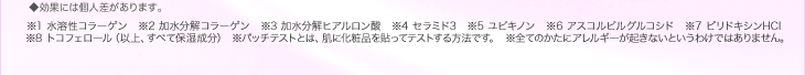 ※1 水溶性コラーゲン　※2 加水分解コラーゲン　※3 加水分解ヒアルロン酸　※4 セラミド3　※5 ユビキノン　※6 アスコルビルグルコシド　※7 ピリドキシンHCl　 ※8 トコフェロール（以上、すべて保湿成分） ※パッチテストとは、肌に化粧品を貼ってテストする方法です。  ※全てのかたにアレルギーが起きないというわけではありません。
