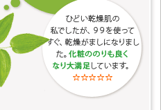 ひどい乾燥肌の私でしたが、99を使ってすぐ、乾燥がましになりました。化粧ののりも良くなり大満足しています。