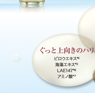 ぐっと上向きのハリ ピロウエキス*4、海藻エキス*5、LAE147*6、アミノ酸*7