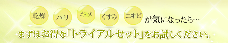 乾燥・ハリ・キメ・くすみ・ニキビが気になったら・・・まずはお得な「トライアルセット」をお試しください。