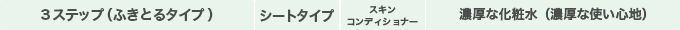 3ステップ(ふきとるタイプ)|シートマスク|スキンコンディショナー|濃厚な化粧水(濃厚な使い心地)